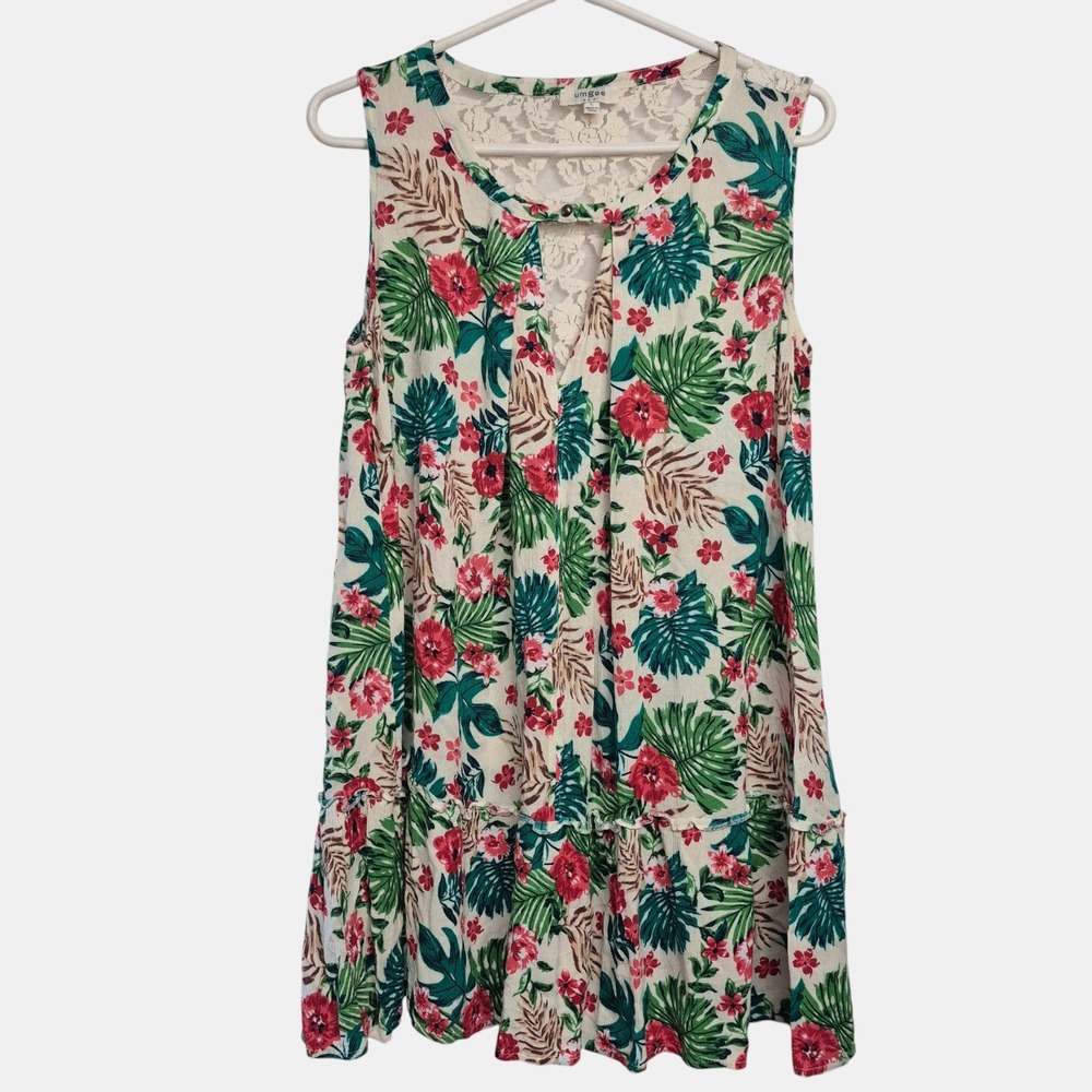 Umgee Womens Large Dress Tunic‎ Floral Keyhole Front Sleeveless Back Lace Insert